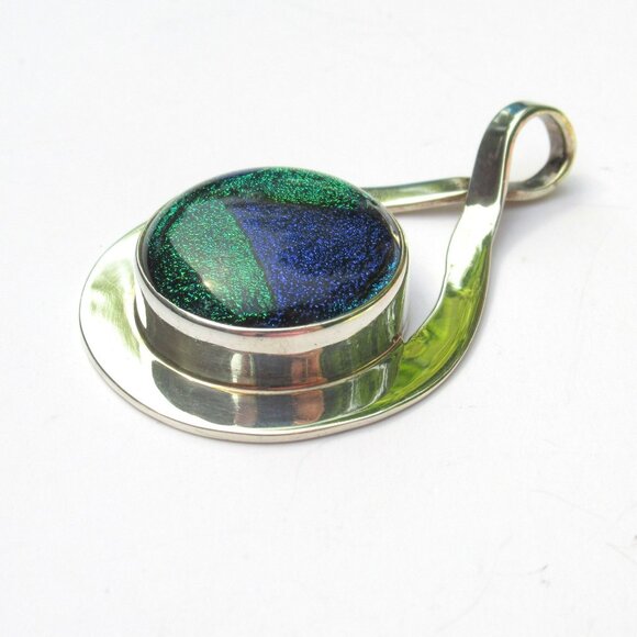 Dichroic Glass Sterling Silver Teardrop Pendant Blue & Green Handmade In Mexico - Picture 3 of 13